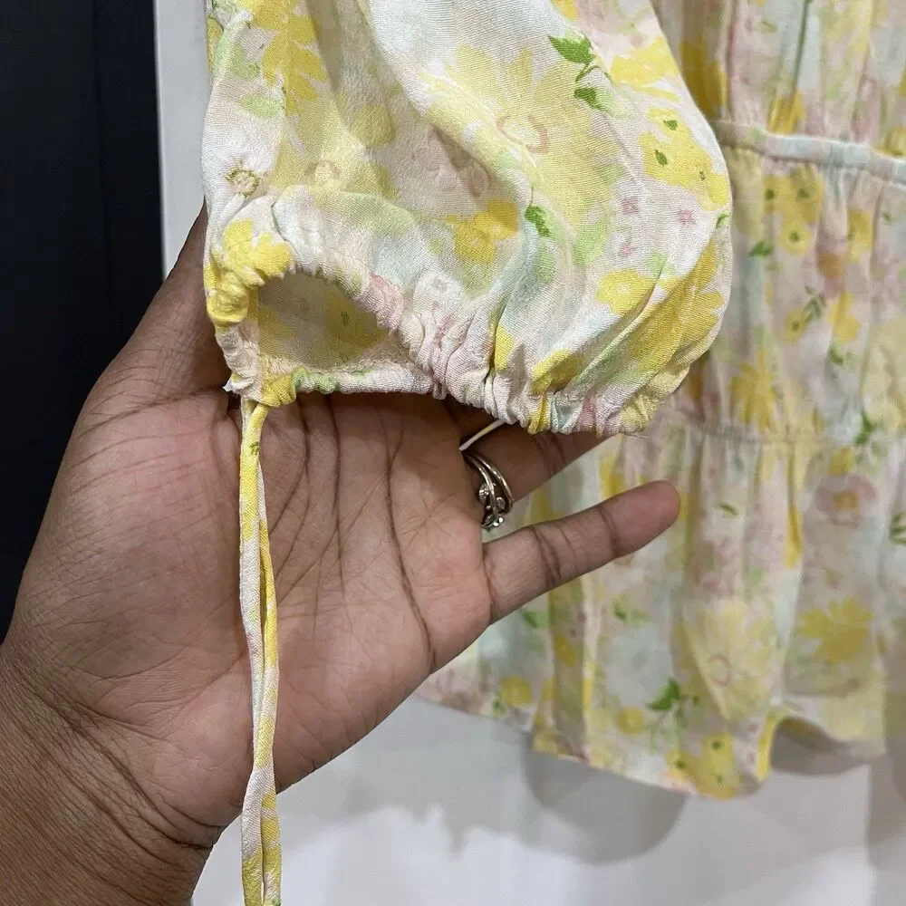 Sophie Rue Yellow Floral Cropped Puff Sleeve Peasant Top Size Medium Cottage - Picture 3 of 5